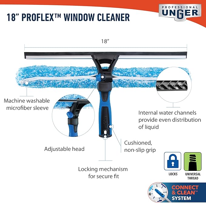 Unger Professional Connect and Clean 18” Proflex 2-in-1 Squeegee and Scrubber High Access Window Cleaning Tool with Pivoting Head Commercial and Residential Use Reusable Microfiber Sleeve