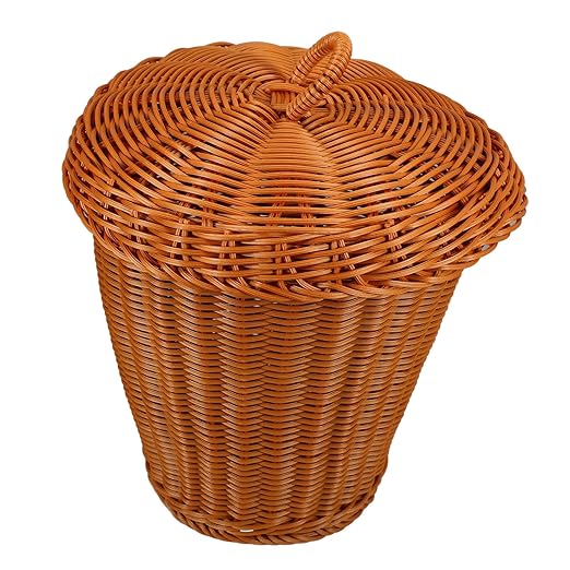 Vaguelly Woven Trash Can with Lid Imitation Rattan Wastebasket for Home Office Sturdy Storage Container for Sundries Stylish Bedroom and Living Room Garbage Basket
