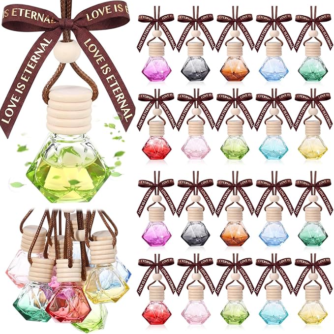 Mudder 50 Pcs Gradient Hanging Car Air Freshener Empty Clear Glass Diffuser Bottles for Essential Oils Perfume Pendant for Women Guests Wedding Favors Employee Appreciation Gifts(RhombusColorful)
