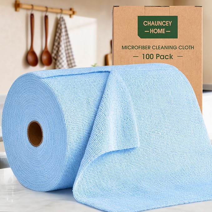 Microfiber Cleaning Cloth Roll - 100 Pack Tear Away Microfiber Paper Towels Reusable Washable Scratch-Free Kitchen Towels for Car Home Kitchen Glass Dishes (Blue)
