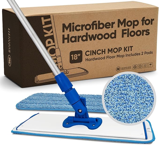 Cinch Mop - Microfiber Mop for Hardwood Floors - Flat Mops System for Wood Tile Laminate Vinyl 2 Wet Pads Refills Reusable Micro Fiber Mopping Heads