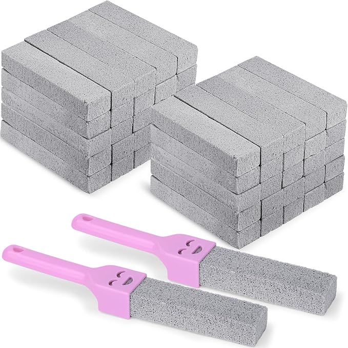 50 Pack Pumice Stones Bulk for Cleaning - Grey Pumice Scouring Pad with 2 Universal Handles Pumice Stick Cleaner for Removing Toilet Bowl Ring Bath Household Kitchen Pool 5.9 x 1.4 x 0.9 Inch