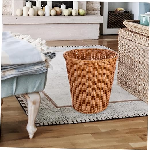PRETYZOOM Rattan Woven Trash Can No Lid Wastebasket for Home Kitchen Office Handcrafted Rubbish Container Sturdy Stylish Design Waste Basket