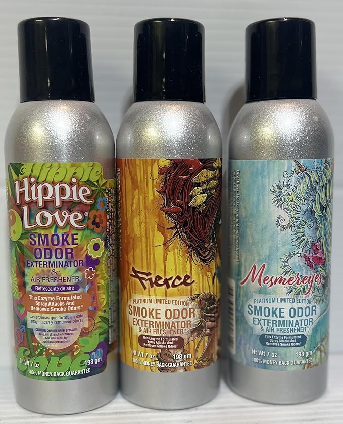 Smoke Odor Exterminator 198 gm/ 7 oz Large Spray Hippie Love Set of Three Cans. Assortment (3) Includes Hippie Love Fierce and Mesmereyes.
