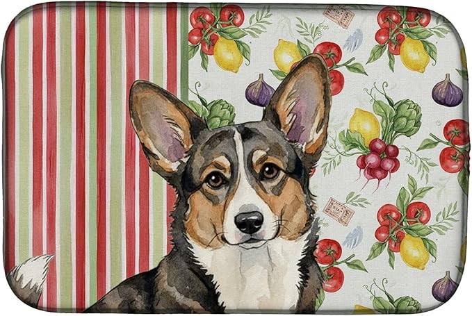 Caroline's Treasures Brindle Cardigan Welsh Corgi Vegetables Dish Drying Mat Absorbent Dish Drying Mat Pad for Kitchen Counter Dish Drainer Mat for Countertop 14 x 21 Multicolor