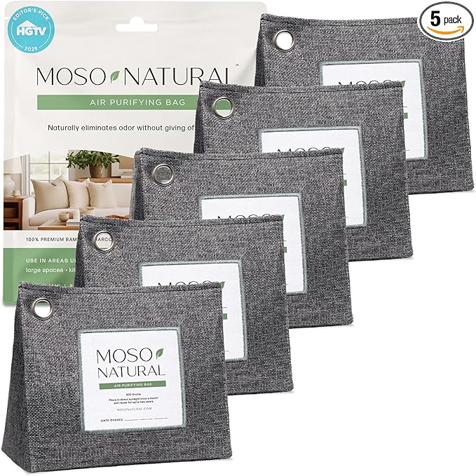 Moso Natural Air Purifying Bag 600g (21oz) Premium Bamboo Charcoal Odor Absorber | Room Deodorizer for Large Spaces Bedroom Kitchen Basement | Pet Odor Eliminator for Home | Unscented (5 Pack)