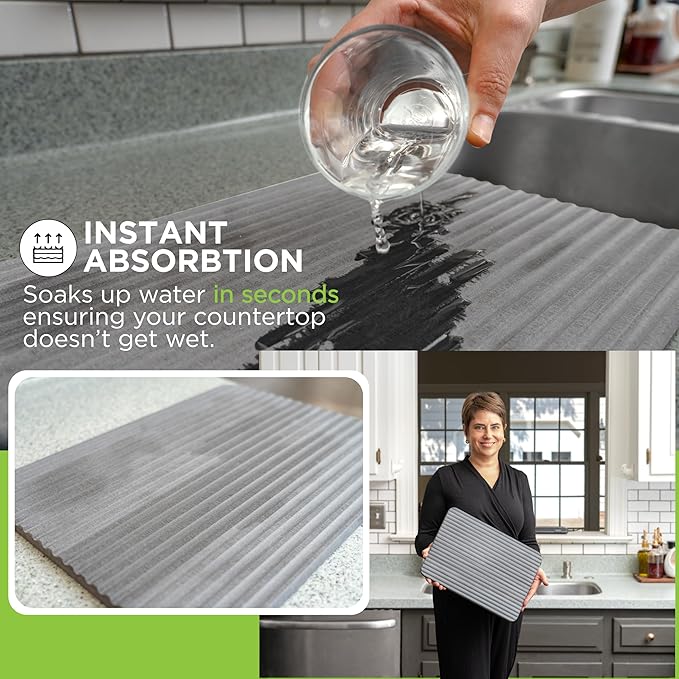 Stone Drying Mat For Kitchen Counter – Non Slip Diatomite Stone Dish Drying Mat With Grooved Surface – 11.8 X 15.8 – Water-Absorbent Fast-Drying Stone Sink Mat Minimalist Kitchen Drying Mat