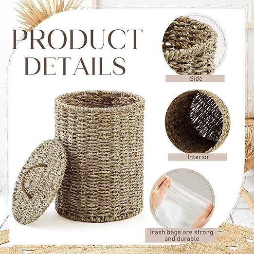 Ctosree 1.3 Gallons Small Trash Can with Lid Handle Boho Woven Braided Bathroom Waste Basket Trash Can with 100 Garbage Bags for Bedroom Office Laundry(Primary ColorBraided Straw RopeRound)
