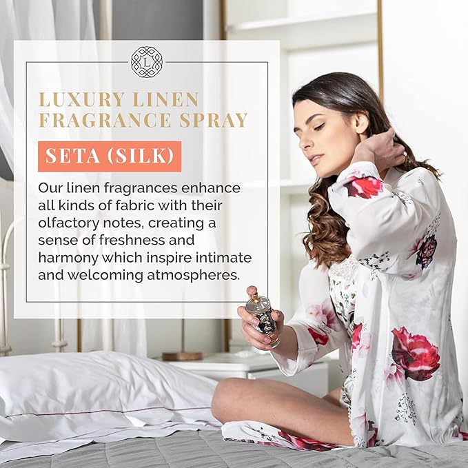 Logevy Firenze 1965 Seta – Linen Fragrance Spray for Silk Fabric from Master Perfumer in Italy with Floral Notes to Luxuriously Freshen Sheets Cushions Curtains Clothing Drawers &amp more – 100m