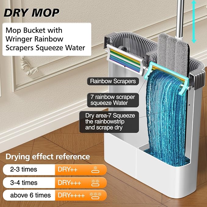 CTIME Flat Mop and Bucket Set with WringerWet and Dry UseHands-Free Flat Mops for Floor Cleaning and Window Wall Cleaner with 4 Microfiber Pads.