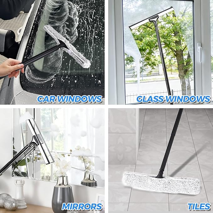 Window Squeegee for Home 2 in 1 Window Washing kit with 57 Extension Pole Telescopic Shower Door Cleaner Tool Car Windshield Cleaning Long Handle for Glass Doors Floor Tile Wall 14 inch Wide