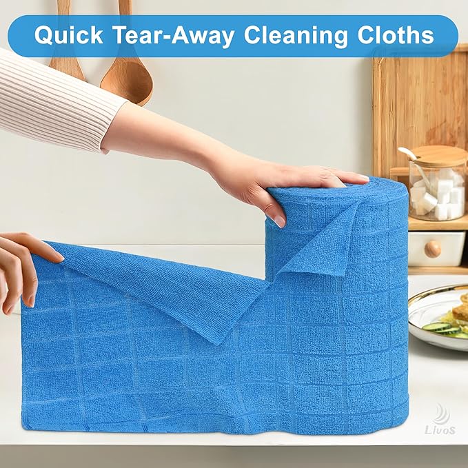LIVOS Microfiber Cleaning Cloth Roll - 80 Pack Reusable Paper Towels Microfiber Towels for Cars Super Absorbent Lint Free Cleaning Rags for House Kitchen Window-Check Blue 11.5x11.5