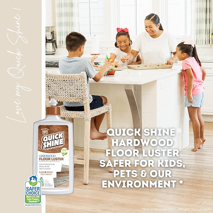 Quick Shine Hardwood Floor Clean + Polish Mop Kit w/ 3 Reusable Pads &amp 1-16 oz. Floor Luster w/Plant-Derived Carnauba | Use Wet + Dry | Safer Choice pH Neutral Ready to Use Formula
