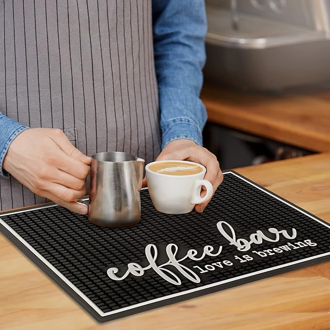 New Mungo Coffee Bar Mat – “Love Is Brewing” – Spill-Proof PVC Coffee Station Mat Non-Slip Countertop Protector 18x12