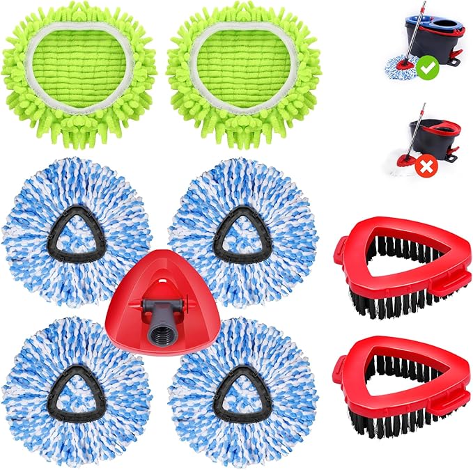 6 Pack Spin Mop Replacements Head Compatible for Oceda RinseClean 2-Tank SystemMicrofiber Spin Mop Refills Head2 Mop Scrub Brush + 1 Mop Base + 6 Pack Cleaning Floor Mop Head