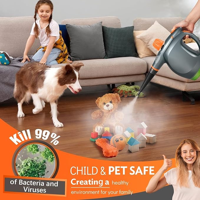 1250W Powerful Handheld Steam Cleaner with Detergent Container &amp Safety Lock + NixtClean EM-317 Window/Door Cleaning Tool Bundle - Multifunctional Pressurized Hand Held Steamer for Kitchen/Bathroo