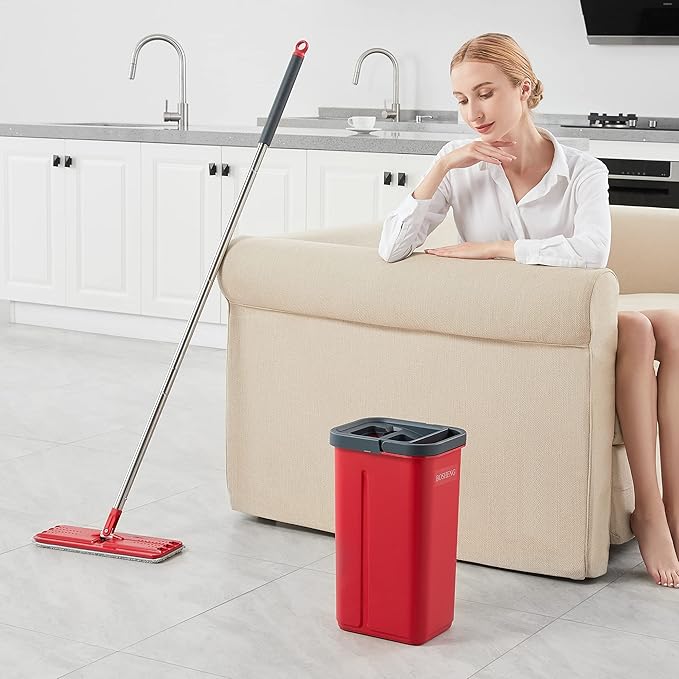 Mop and Bucket with Wringer Set Flat Mop and Bucket Squeeze Floor Mop with 3 Washable Microfiber Mops Wet and Dry Use Household Cleaning Tools for Hardwood Floor Laminate Tile