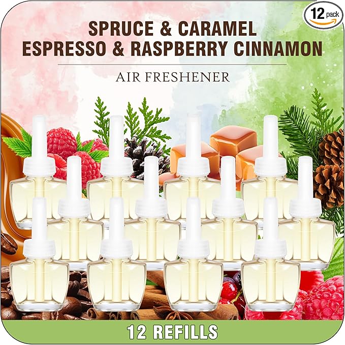 Plug In Air Freshener Refills – Spruce Caramel Espresso &amp Raspberry Cinnamon 12 Count Fragrance for Home Bathrooms Office – 7.92 Fl Oz Compatible with Air Wick &amp Glade Not for Glade Plu