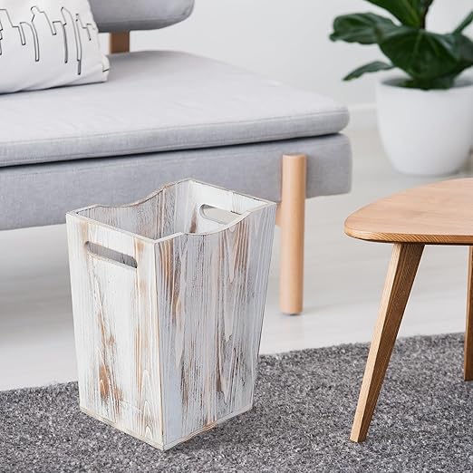 Farmhouse Style Wood wastebaskets Rustic Trash Can with Two Cutout Handles Waste Bin for BedroomLiving Room Bathroom &amp Office Kithen Garbage Container (Washed White)