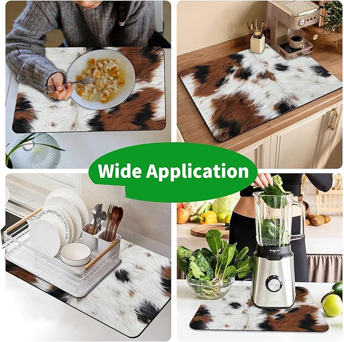 Coffee Bar Mat Super Absorbent Rubber Anti Slip Bottom Striking Cow Anti Stain Coffee Mat for Countertop Large Dish Drying Mat Accessories Suitable for Kitchen Counter Restaurants