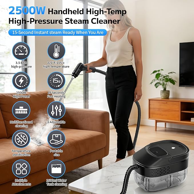 Pressurized Handheld Steam Cleaner 2500W 54oz Large-Capacity Steamer with 3-Level Adjustable Steam 15s Heat-Up &amp 15Pcs Accessories – for Car Tile Grout Couch Floor Bed Dirt Furniture