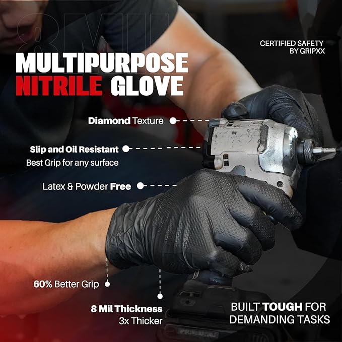 Herkules Grip Heavy Duty 8Mil Black Nitrile Gloves3D Raised Diamond Texture-Latex &amp Powder-Free Industrial Mechanic