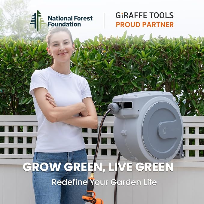 Giraffe Tools Retractable Garden Hose Reel 5/8 in x 90 ft Heavy Duty Hose Reel With 9 Pattern Nozzle Any Length Lock Wall Mount Water Hose Reel 180°Swivel Light Grey