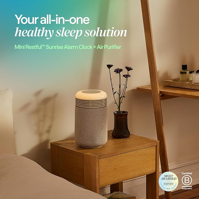 BLUEAIR Purifier for Bedroom - Mini Restful - Sunrise Clock with HEPASilent Filtration and Wake Up Light - Cleans Air and Supports Circadian Rhythm - USB-C and App Connectivity Beige