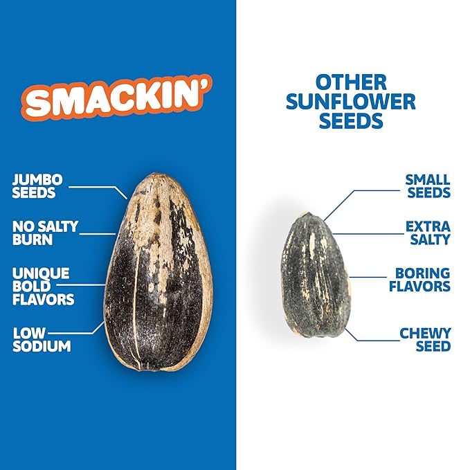 SMACKIN' - Jumbo Roasted Sunflower Seeds No Salty Burn American Made Easy Pour &amp Seal - Original 4oz bag (12 Bags)