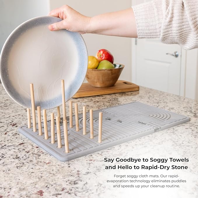 Stone Dish Drying Mat with Bamboo Rack – Fast-Drying Diatomaceous Earth Surface with Non-Slip Silicone Base – Eco-Friendly Super Absorbent Drying Pad for Kitchen Countertops and Dishes (Gray)