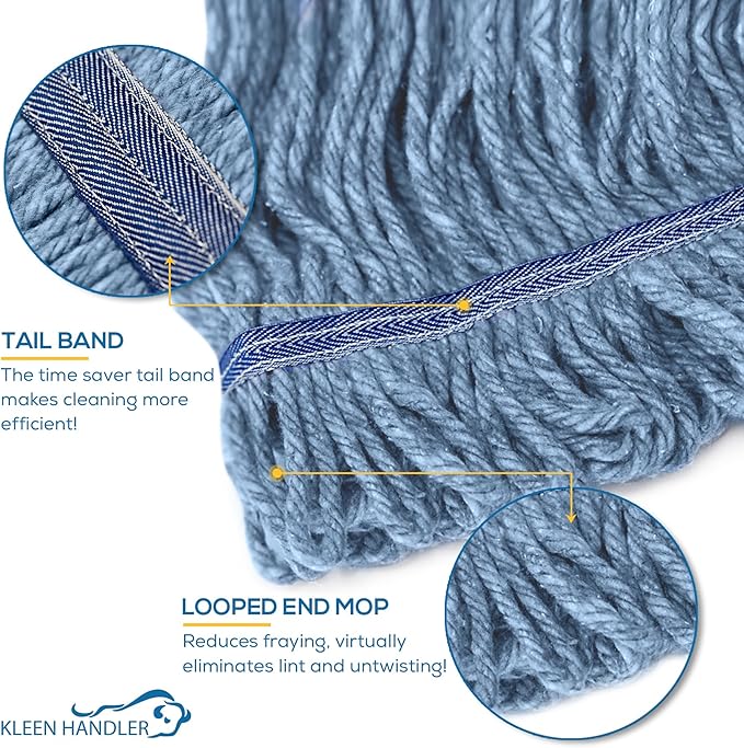 KLEEN HANDLER General Cleaning Mop Heavy Duty Commercial Replacement Wet Industrial Blue Cotton Looped End String Head Refill (Pack of 3)