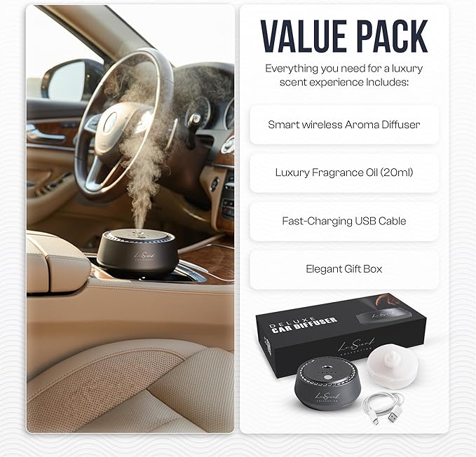 Smart Car Diffuser with 20ML Scent Oil Included - Car Air Freshener - Aromatherapy Diffuser - Portable Compact Cordless and Quiet Device - Deluxe Car Diffuser Luxscent Collection