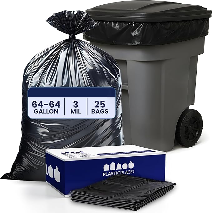 Plasticplace 64-65 Gallon Trash Can Liners for Toter │ 3.0 Mil │ Black Heavy Duty Garbage Bags │ 50” x 60” (25 Count)W65LDBTL3