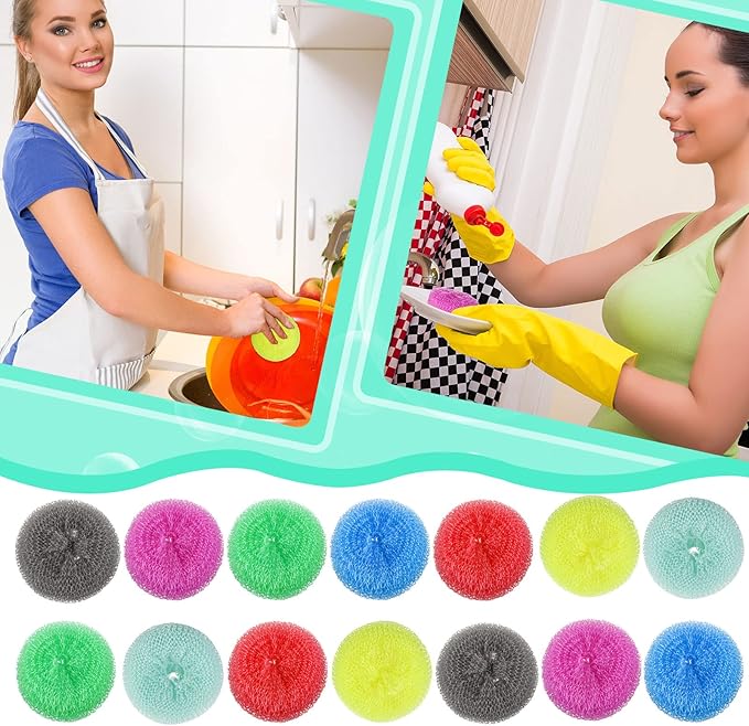 Nuogo 100 Pieces Reusable Plastic Dish Pot Scrubbers Bulk Non-Scratch Nylon Scouring Pads for Kitchen Cleaning Assorted Color Poly Mesh Dishwashing Pads for Household Use