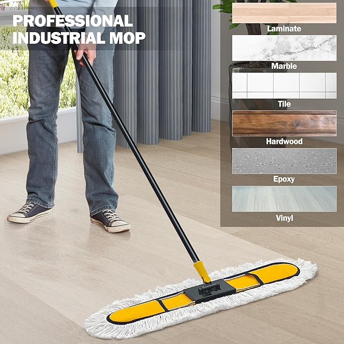 NEWE 24” Commercial Dust Mop Large Dry Dust Push Broom Indoor Wide Floor Duster for Laminate Hardwood Tile Marble (Yellow)