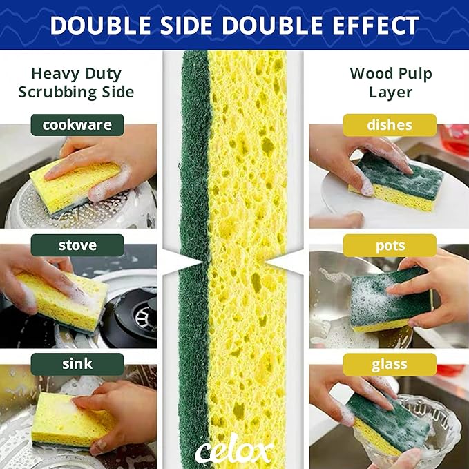 CELOX Grout Brush with Long Handle and 6 Pack Dish Sponge for Kitchen Dual Sided Scrub Heavy Duty