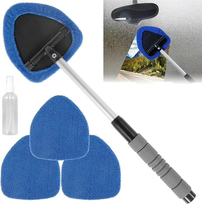 Car Windshield Cleaner Microfiber Car Window Cleaning Brush with Washable Pad Extendable Handle Interior Exterior(Blue-1)