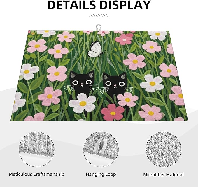 Pink Floral Cat Dish Drying Mat for Kitchen Counter 18x24 Microfiber Absorbent Fast Dry Mat 2Pcs Dish Mat Faucet Mats Sets Large Drying Kitchen Mat Kitchen Drying Pad Coffee Bar Decor Gifts