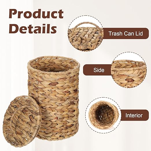 1.5 Gallons Wicker Trash Can with Lid Handle Boho Woven Braided Bathroom Waste Basket Trash Can Large Woven Bin for Office Bedroom Living Room Kitchen (Natural Braided Wicker Round)