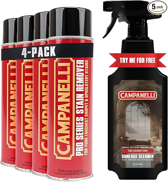 Campanelli Pro Series Stain Remover Point &amp Spray Carpet &amp Upholstery Cleaner for Pet Stains &amp Odors Food Stains Wine Coffee Dirt and More! – 4 Pack (18oz Each) + Signature Surface Cle