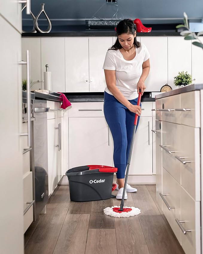 O-Cedar EasyWring Microfiber Spin Mop &amp Bucket Floor Cleaning System + 2 Extra Refills Red/Gray