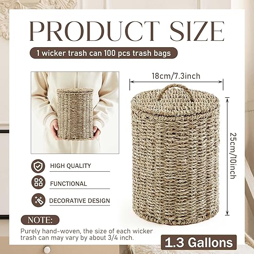 Ctosree 1.3 Gallons Small Trash Can with Lid Handle Boho Woven Braided Bathroom Waste Basket Trash Can with 100 Garbage Bags for Bedroom Office Laundry(Primary ColorBraided Straw RopeRound)