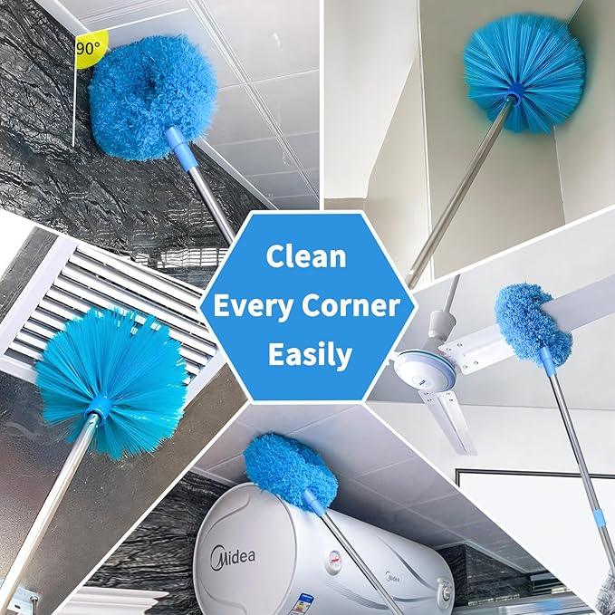 Ceiling Fan Cleaner Duster &amp Cobweb Duster with Extension Pole 15 -100 Reusable Microfiber Ceiling Fan Blade Cleaner Removable Duster (Blue) for Cleaning High Ceiling Fan Interior Roof Spider We