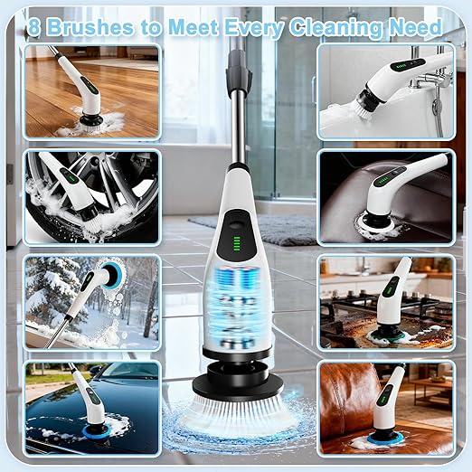 Electric Spin Scrubber Cordless Cleaning Brush with 8 Replaceable Brush Heads Shower Scrubber with Adjustable Extension Handle Waterproof Power Scrubber for Bathroom Tile Floor Tub Car Walls