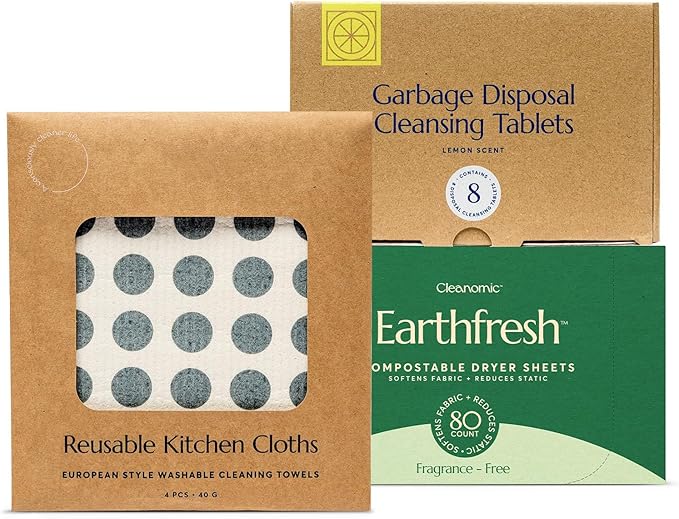 CLEANOMIC Reusable Kitchen Cloth Garbage Disposal Cleaner &amp Fabric Softener Sheets Bundle