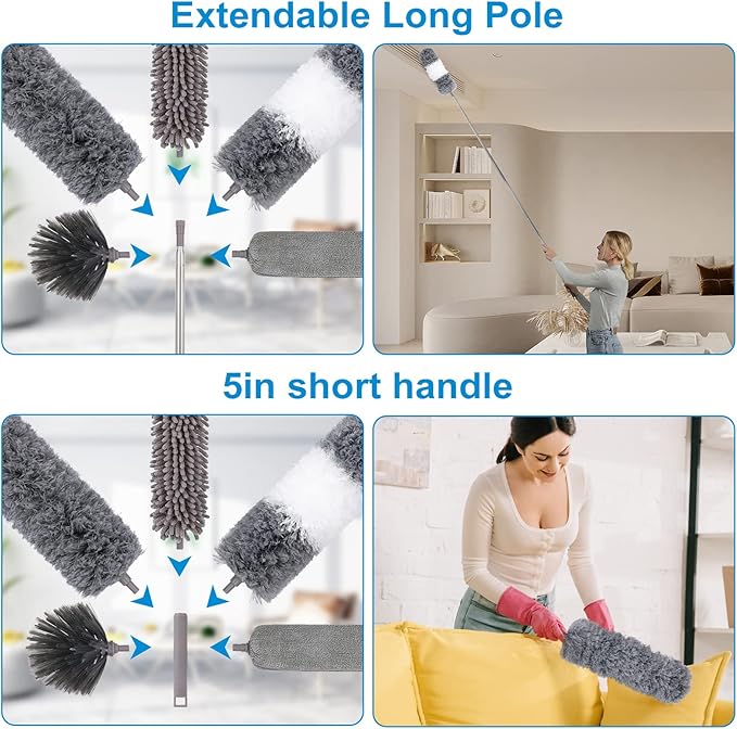 Microfiber Extendable Feather Duster (11pcs) with 100 Extension Pole Washable Reusable Bendable Dusters for Cleaning Ceiling Fan High Ceiling TV Blinds Cars