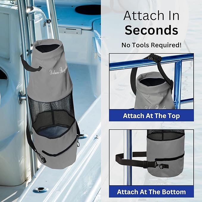 Boat Trash Bag - Heavy-Duty 600D Mesh Oxford Fabric with Bottom Zipper and Top Rubber Closure - Leakproof and Washable for Boats Kayaks Campers RVs and More