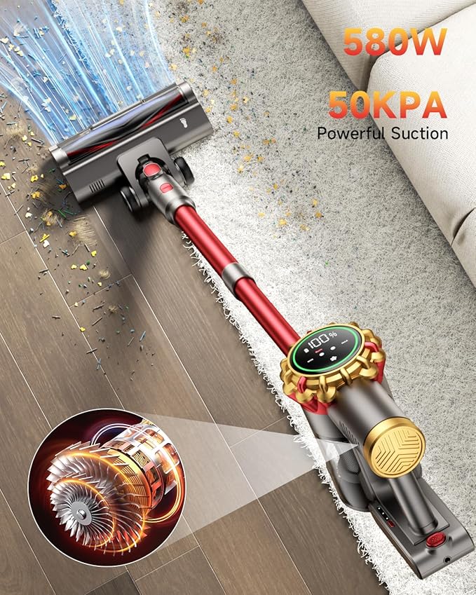 Cordless Vacuum Cleaner 580W 50Kpa Vacuum Cleaners for Home 65 Mins Battery Stick Vacuum Anti-Tangle Self-Standing 8-in-1 Lightweight Vacuum for Hardwood Floor/Carpet/Pet Hair