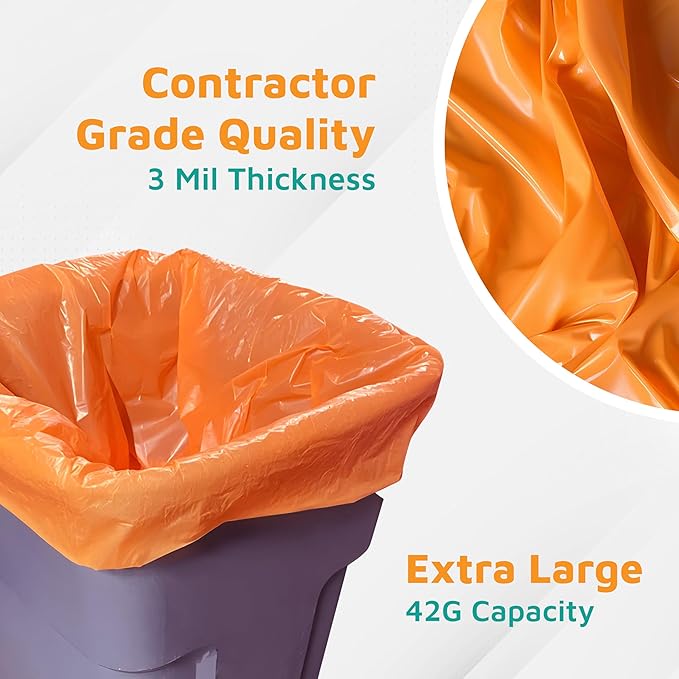 PlasticMill Contractor Bags Heavy Duty - Commercial Industrial Garbage Bags - Orange Construction Trash Bags - Outdoor Garden Trash Bags 42-Gallon 3 Mil 33x48 (50-Count)