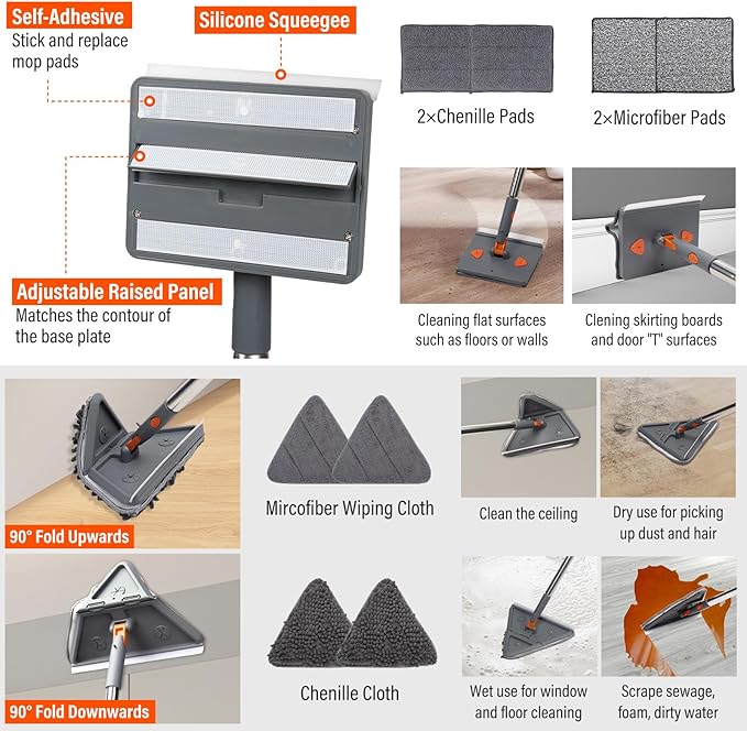 Baseboard Cleaner Tool with HandleWall Cleaner mop with Squeegee Baseboard Cleaning Tool with 85 inch Extension Pole8 Replacement Pads for Baseboards Cleaning Ceiling Wall Floor Shower